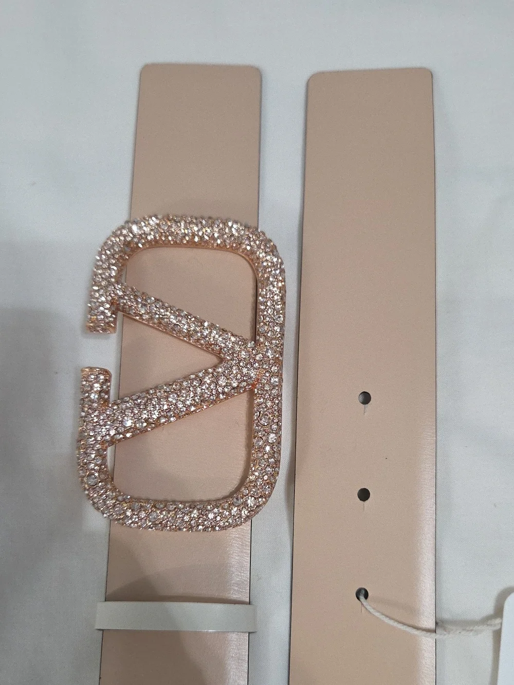 Valentino Garavani Cream White Belt with Rose Gold Sparkle Buckle